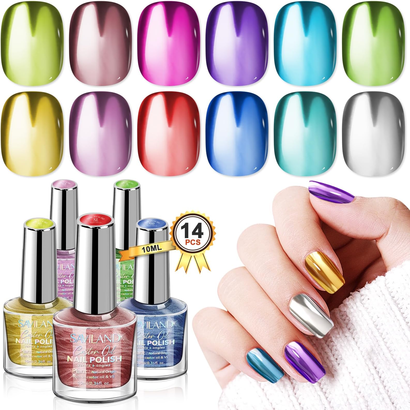 Chrome Metallic Nail Polish Set, 12 Mirror Colors Quick-Dry Nail Polish with Base & Top Coat, 10ml Large Bottles, Long-Lasting Nail Varnish Manicure Gift for Women