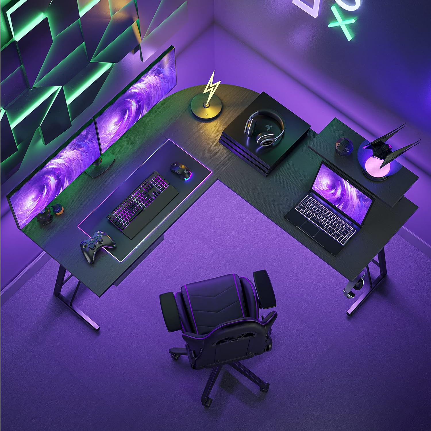 Limited Stock CubiCubi L Shaped Gaming Desk, 51.2 Home Office Gaming Desk, Corner Desk with Large Monitor Stand, Non-Woven Drawer, Black