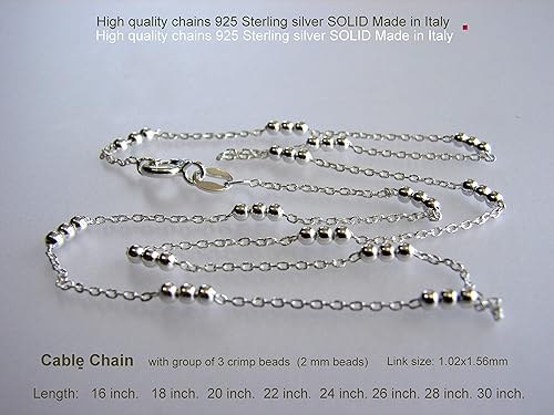 Miniatura 2 de Collar de cadenas de cable con grupo de 3 cuentas engarzadas. Plata de ley 925 fabricada en Italia Longitud 16" 18" 20" 22" 24" 26" 28" 30"