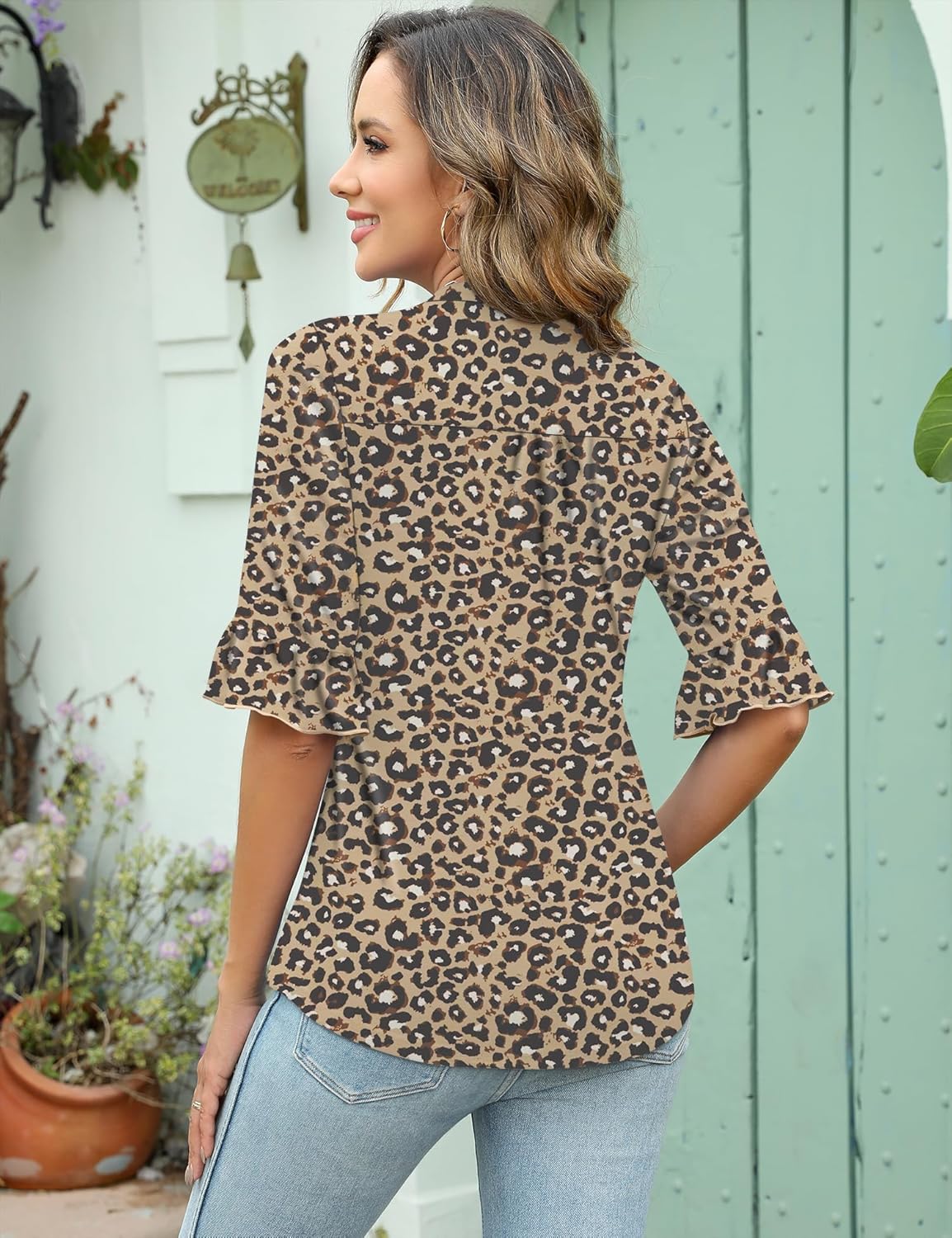 Rapbin Womens 3/4 Length Sleeve Tops Loose Fit Casual Crew Neck Shirts Ruffle Tunic Blouses - Image 4