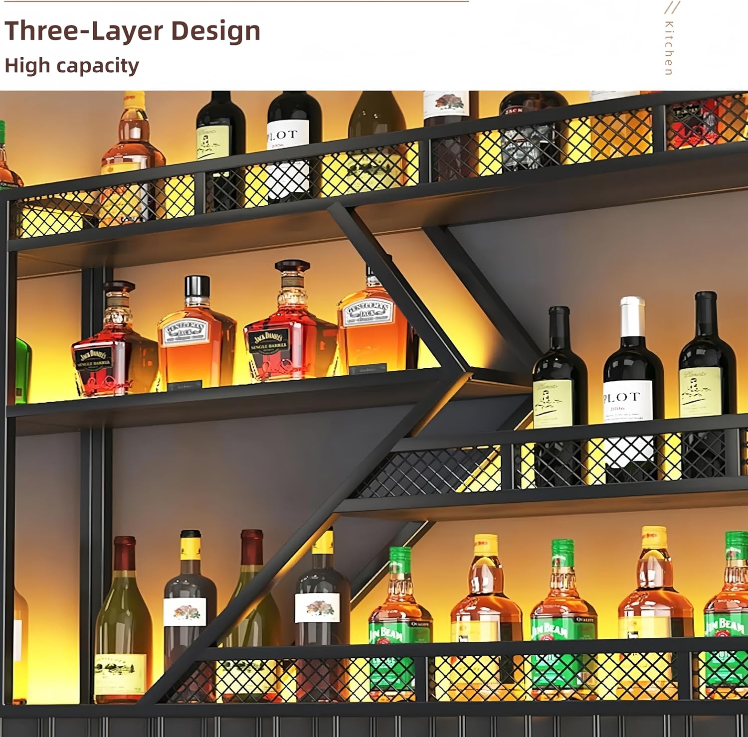 59 Inch Metal Wine Rack Wall Mounted, Modern Bar Shelves Wall Mounted Wine Rack with LED Light, Liquor Shelf Wall Mounted, Bar Shelves for Liquor Bottles (Black with Blue Led, 59-3 Tier)