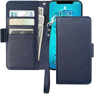 Bocasal Wallet Case for iPhone 14 Plus 5G, Genuine Leather Support Wireless Charging RFID Blocking Flip Case Card Slots Holder, Kickstand Book Folding Folio Cover with Wrist Strap 6.7 Inch(Royal Blue)