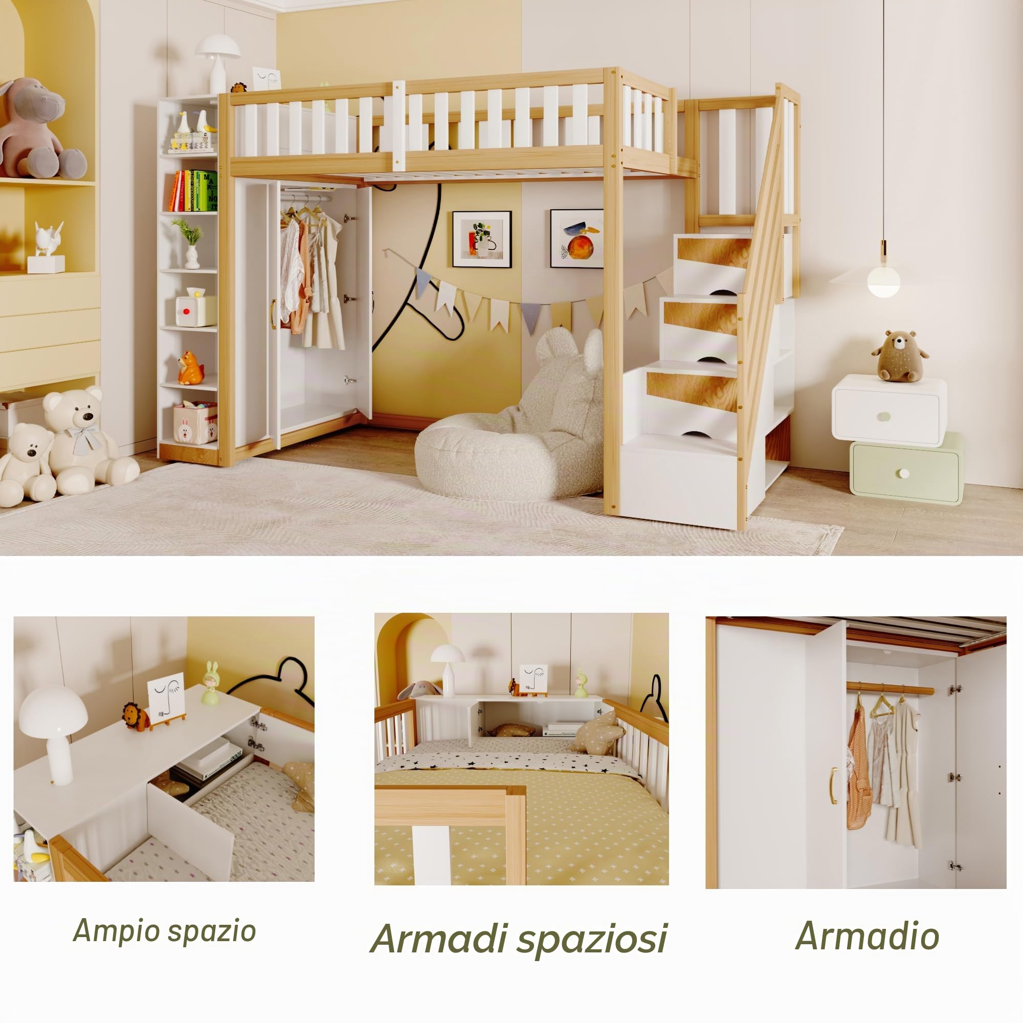 Azkoeesy Letto a soppalco singolo 90x200 cm - scala sicura/spazio di archiviazione/armadio/libreria/scrivania sul letto superiore - legno di pino - per bambini e ragazzi (naturale)