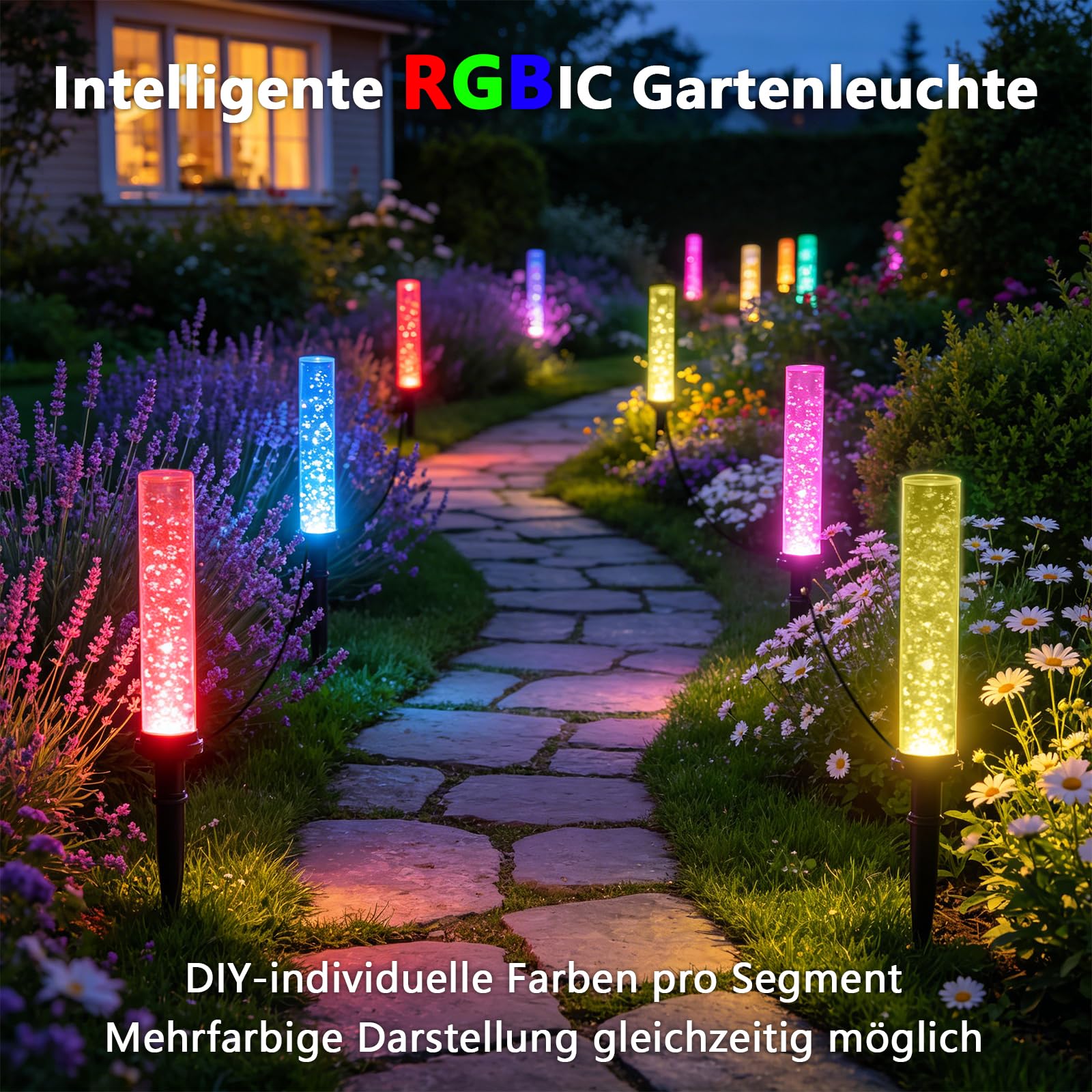 Gartenbeleuchtung Außen RGB-IC LED, Neon Outdoor Lichterkette mit Erdspieß, App & Fernbedienung, DIY Farbwechsel, Timer, IP65 Wasserdicht für Garten, Terrasse, Rasen und Balkon