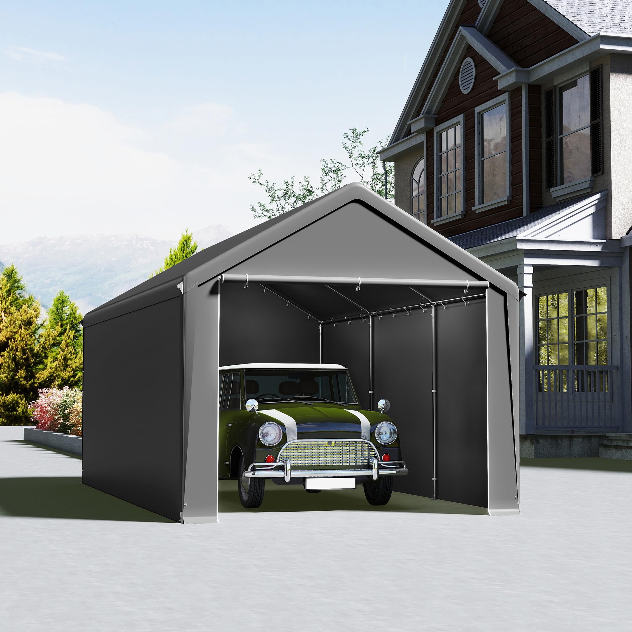 Aufun Carport Zeltgarage 3x6m, Wasserdichtes Lagerzelt mit PE-Dach, Reißenresistenter Garagenzelt mit abnehmbaren Seitenwänden, UV-beständig Winterfest Unterstand für Auto, SUV, LKW, Boot, Grau