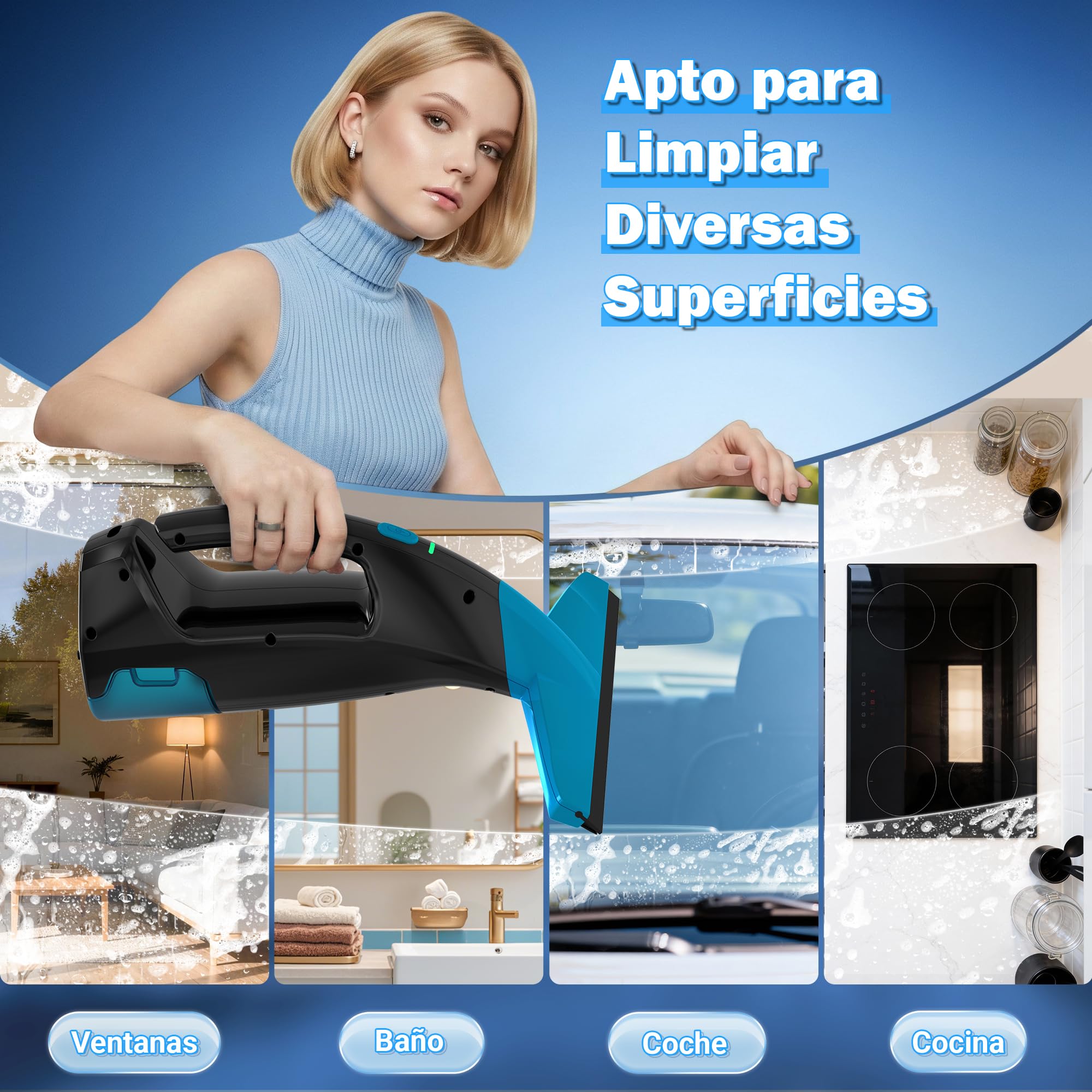 EAVE Limpiacristales Electrico, Set Limpiacristales con 45min de Autonomía, Limpia Cristales Electrico Ventanas con Boquilla de 28cm y Depósito de 200ml, Apto para Ventanas y Espejos (amarillo)