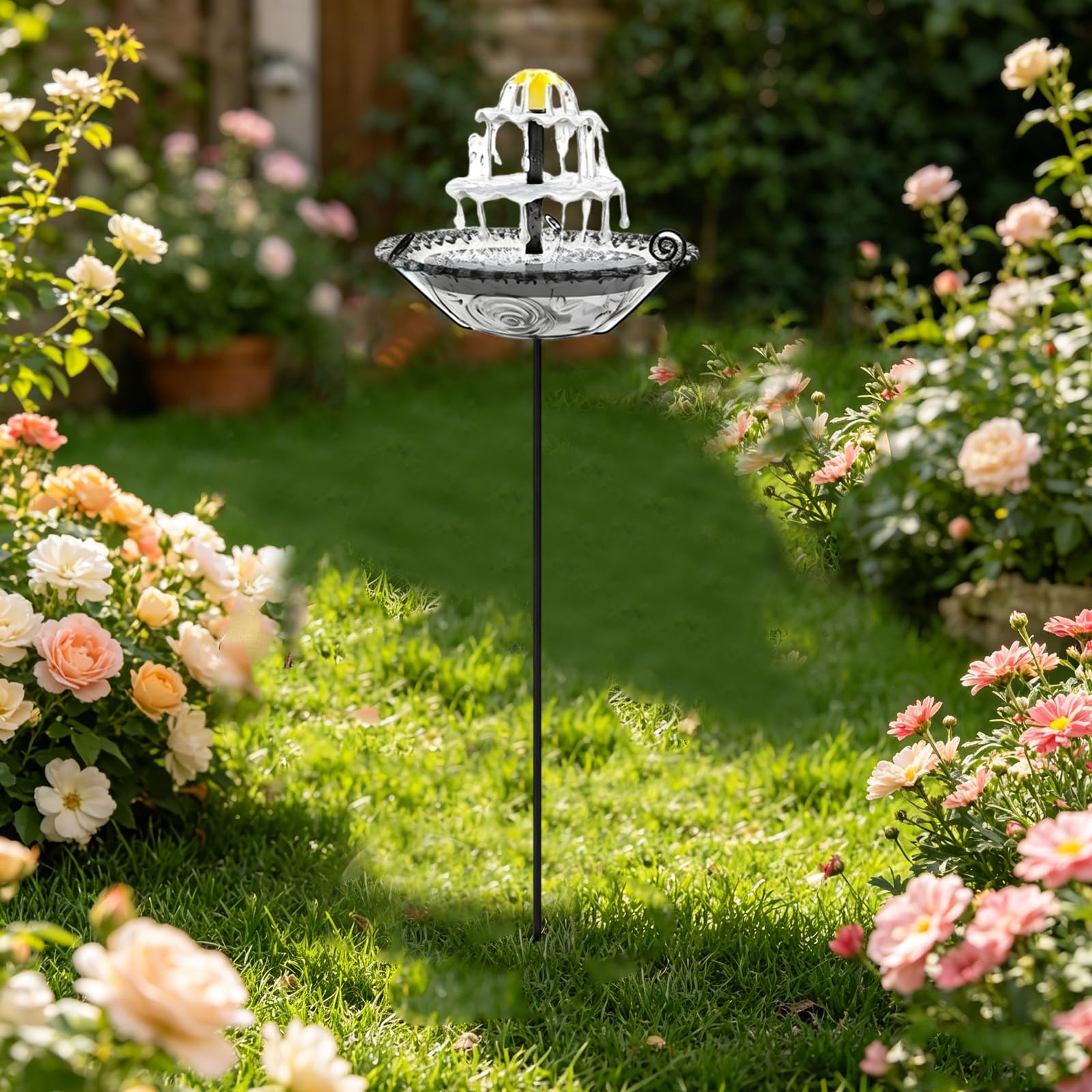 Black-S Solar Outside Garden Birdbath Bowl With 5 Prongs Base Stake Garden Bird Drinking Station Rust-Proof Freestanding Birdbaths For Bird Watching&Garden Decoration (Black S)