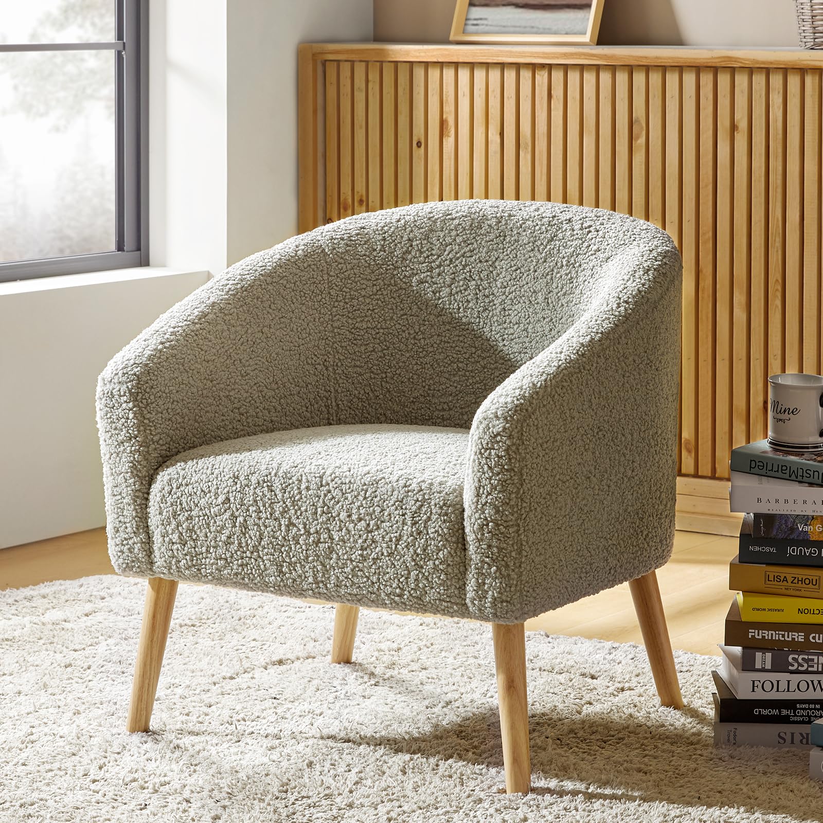 HULALA HOME Modern Boucle Accent Chair, Upholstered Barrel Chair with Wooden Legs, Teddy Fleece Occasional Armchair for Living Room, Bedroom, Reading Corner & Office, Grey