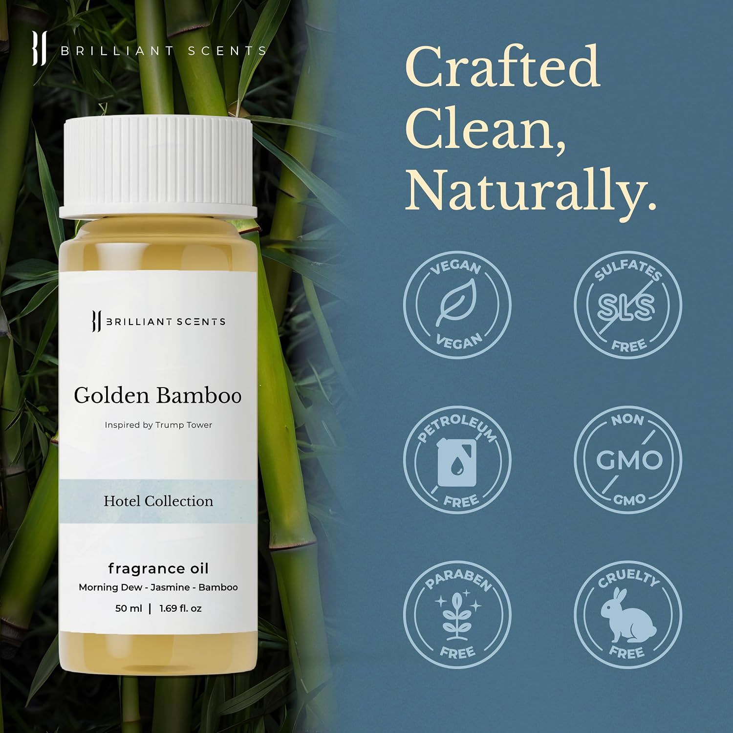 Brilliant Scents Golden Bamboo Fragrance Oil for Diffuser, 50ml - Inspired by Trump Tower Hotel Scent - Premium Home & Hotel Essential Oils for Waterless & Cold Air Diffuser, USA Made