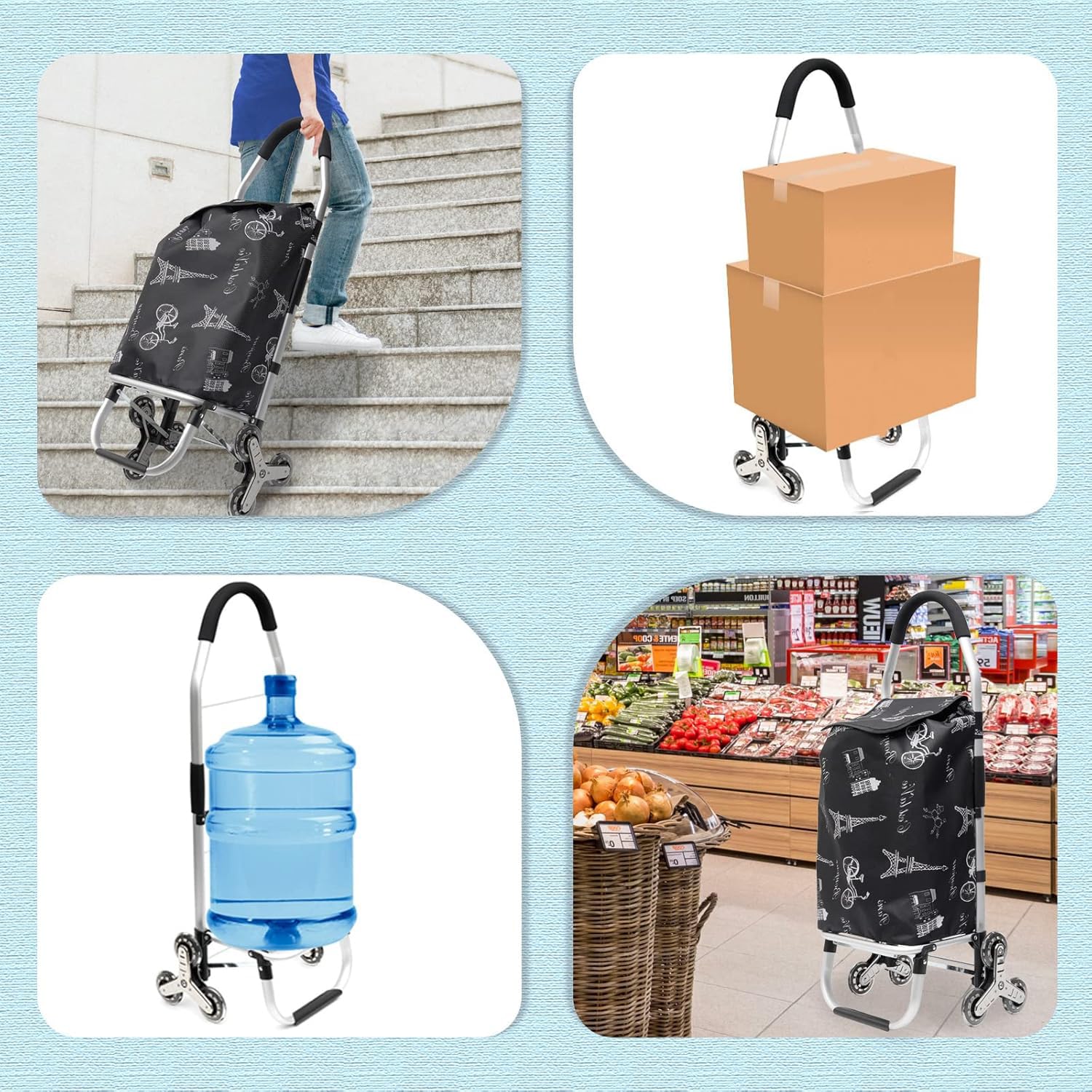 Carrello spesa 3 Ruota per scale con robusto telaio in alluminio e borsa in tela impermeabile rimovibile ideale per lo shopping comodo e pratico D0163 (Parigi, Ruota Bianco silenzioso)