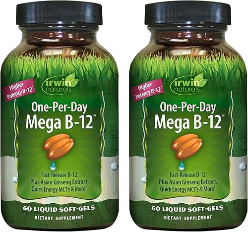 Irwin Naturals One-Per-Day Mega B-12 1500mcg de vitamina metilcobalamina de alta potencia absorción rápida mejorada con MCT  ginseng asiático