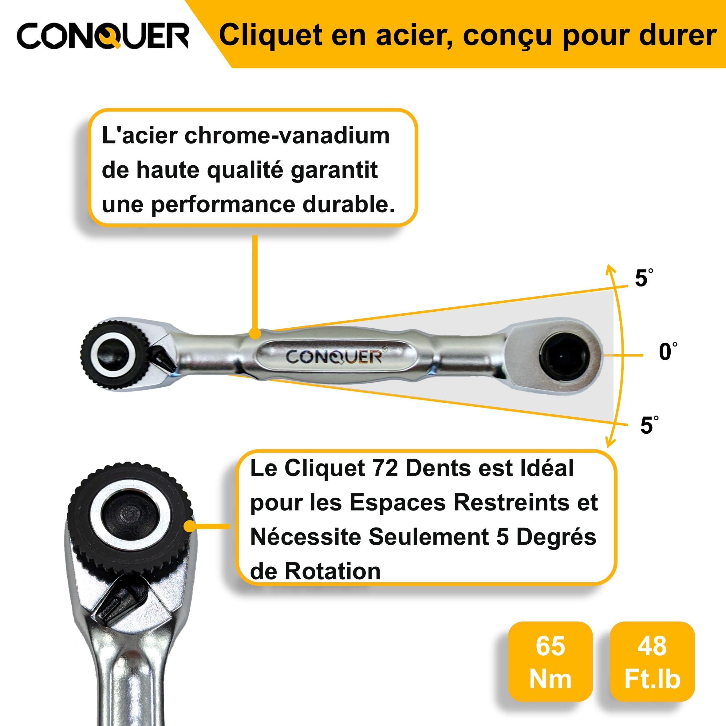 CONQUER Clé à Cliquet 1/4" Mini, Tête Double Ultra-Basse Profil, Résistance au Retour Ultra-Faible 72 Dents 5°, Outil Compact Mécanicien pour Espaces Moteur Étroits, Douilles et Embouts Hex EDC