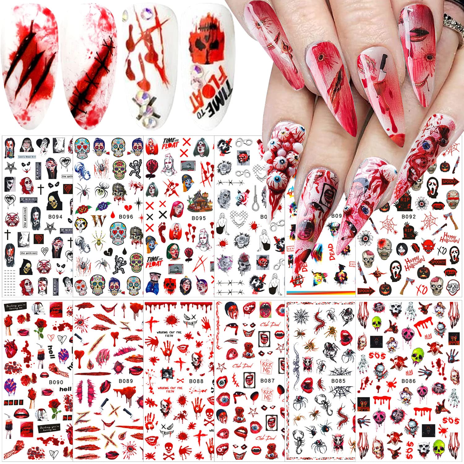 Amazon.com: 12 Sheets Halloween Nail Stickers 3D Self-Adhesive Nail Decals  Halloween Nail Art Supplies Horror Gothic Bloody Zombie Blood Ghost Face  Skull Nail Charms Designs Halloween Nail Decor Accessories : Beauty &