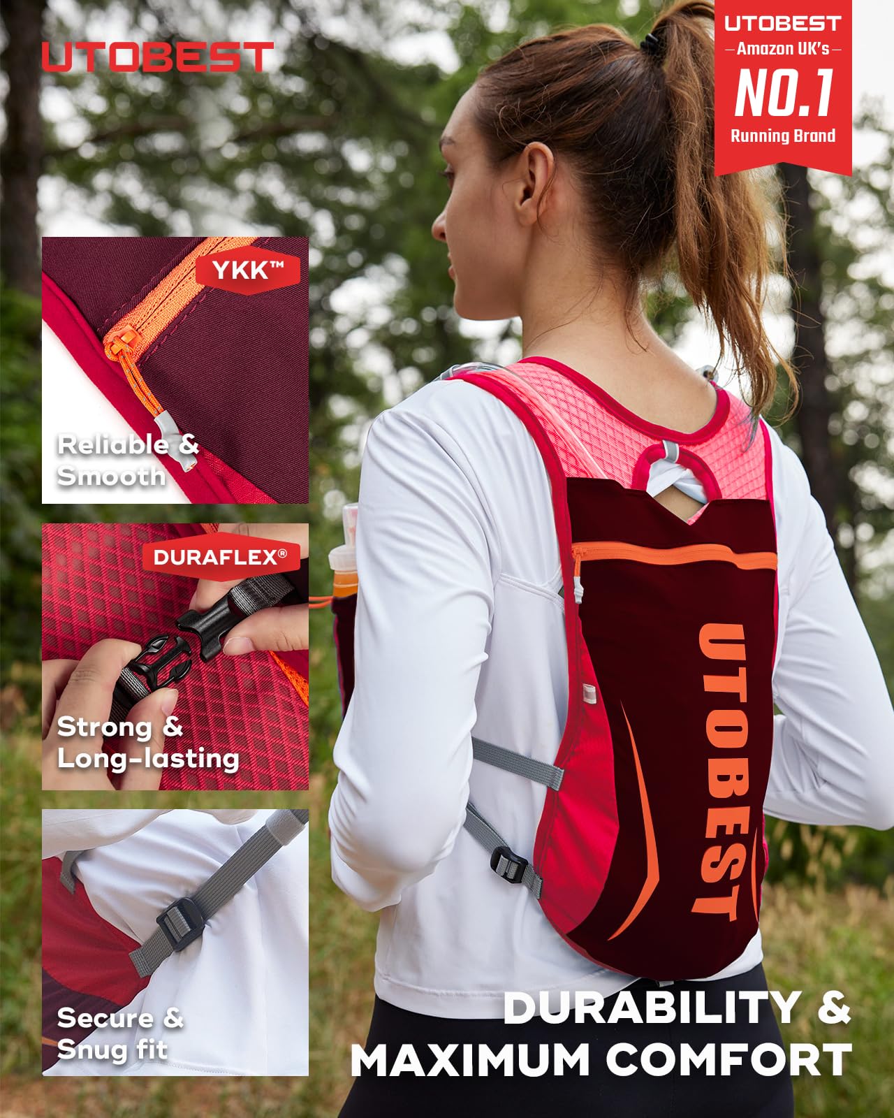 UTOBEST Gilet Course, Sac hydratation Leger avec 2*350ml flasque,Rouge | 7 poches, grand support telephone, ajustement confortable, sans rebond, OSFM, mixte, trail, park run, marathon