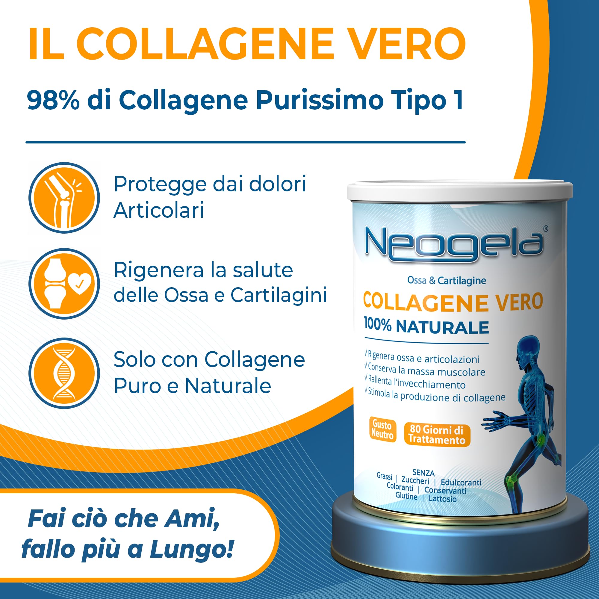 Neogela - 98% di Collagene Purissimo (Formato da 400gr, Prodotto Naturale) - Benessere Osseo e Articolare, (3 Confezioni-1200gr)