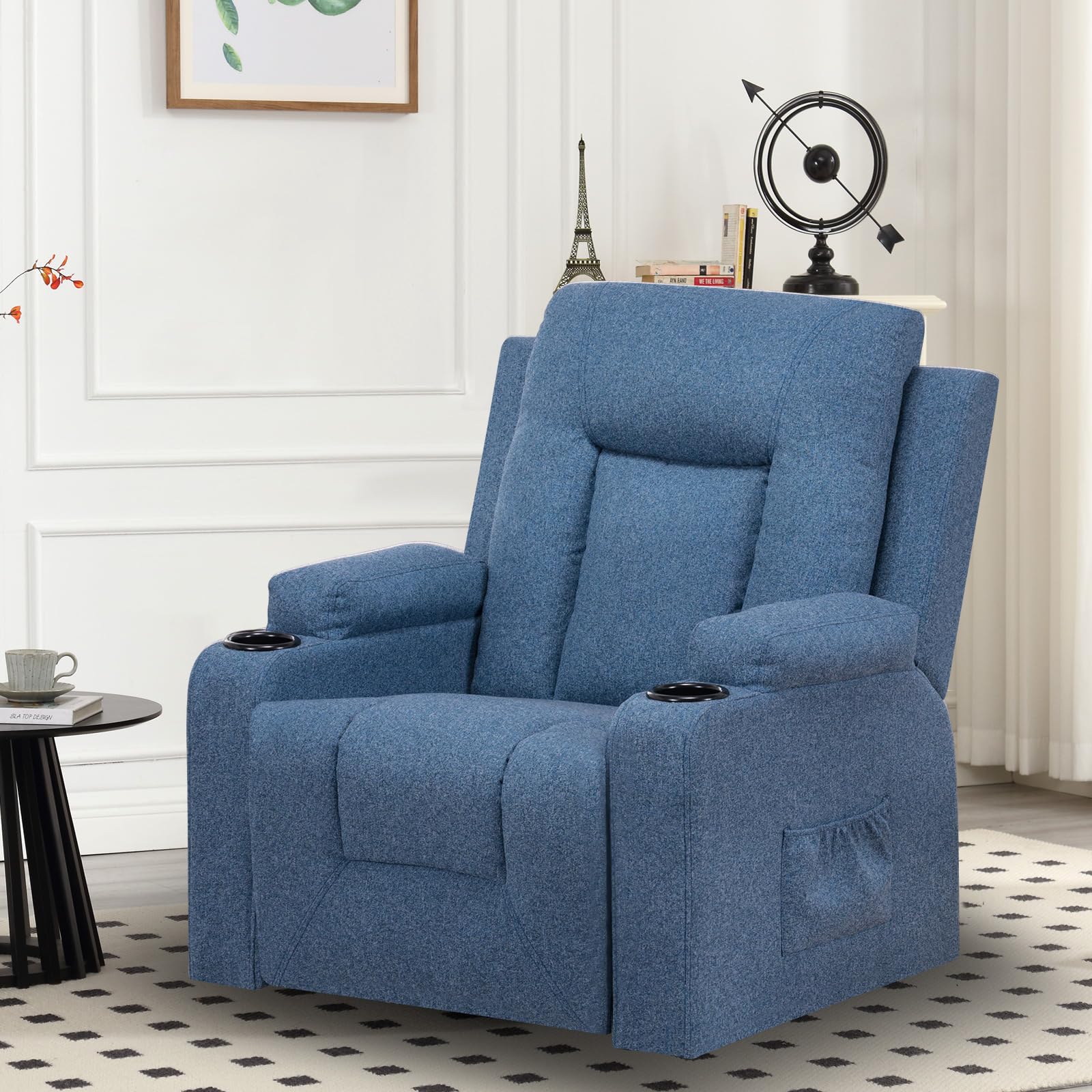 COMHOMA Poltrona Relax TV con Funzione Recliner Schienale Regolabile, Girevole a 360°, 2 Tasche Laterali e Portabicchieri, Blu, Tessuto