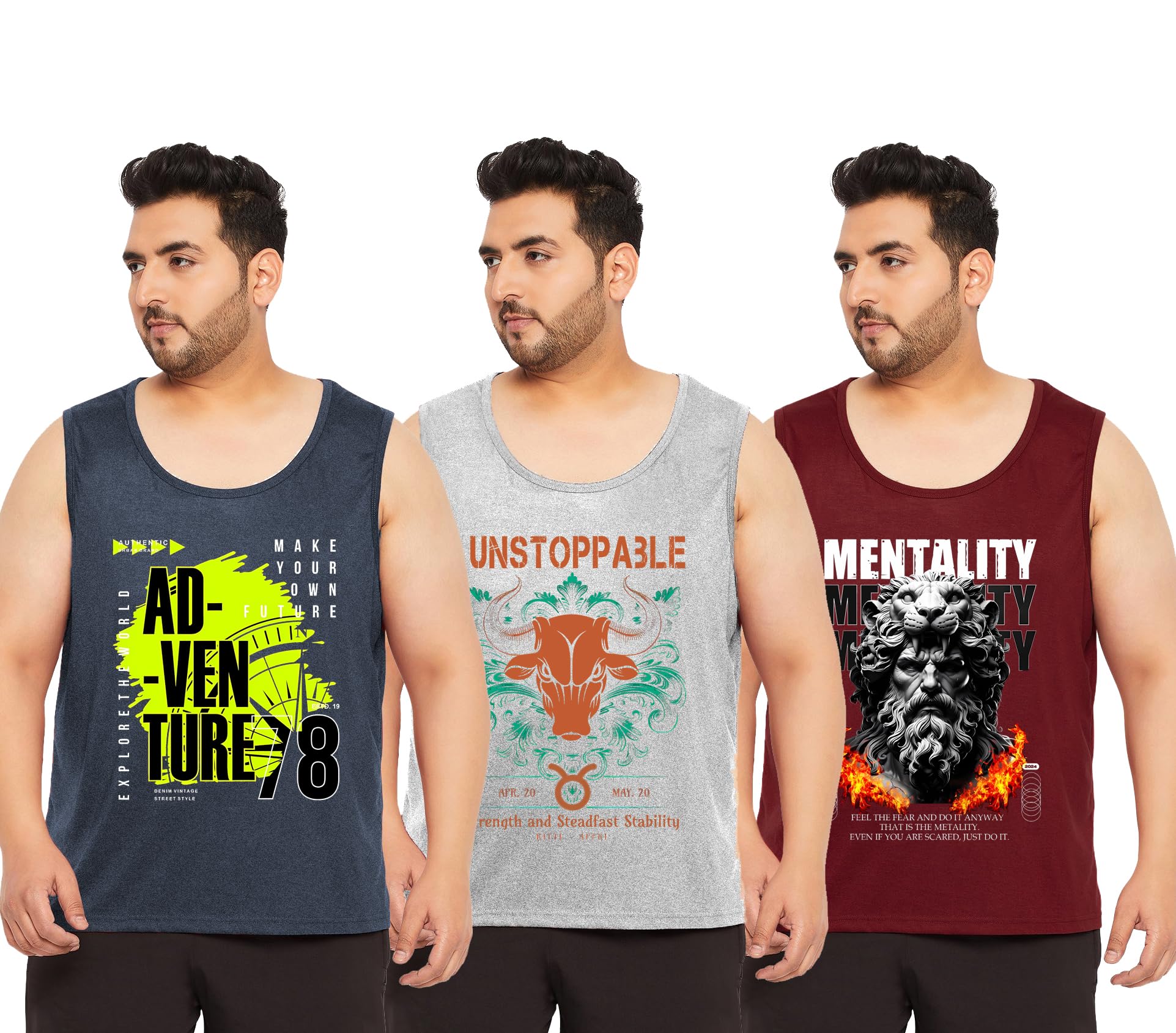 West Gate Clothing Cotton Printed Plus Size Vest for Men | Round Neck, Regular Fit, Sleeveless Plus Size | Men's Tank Top | 3XL, 4XL, 5XL | Perfect for Workouts Gym | Grey | Combo Pack of 3-picture-33