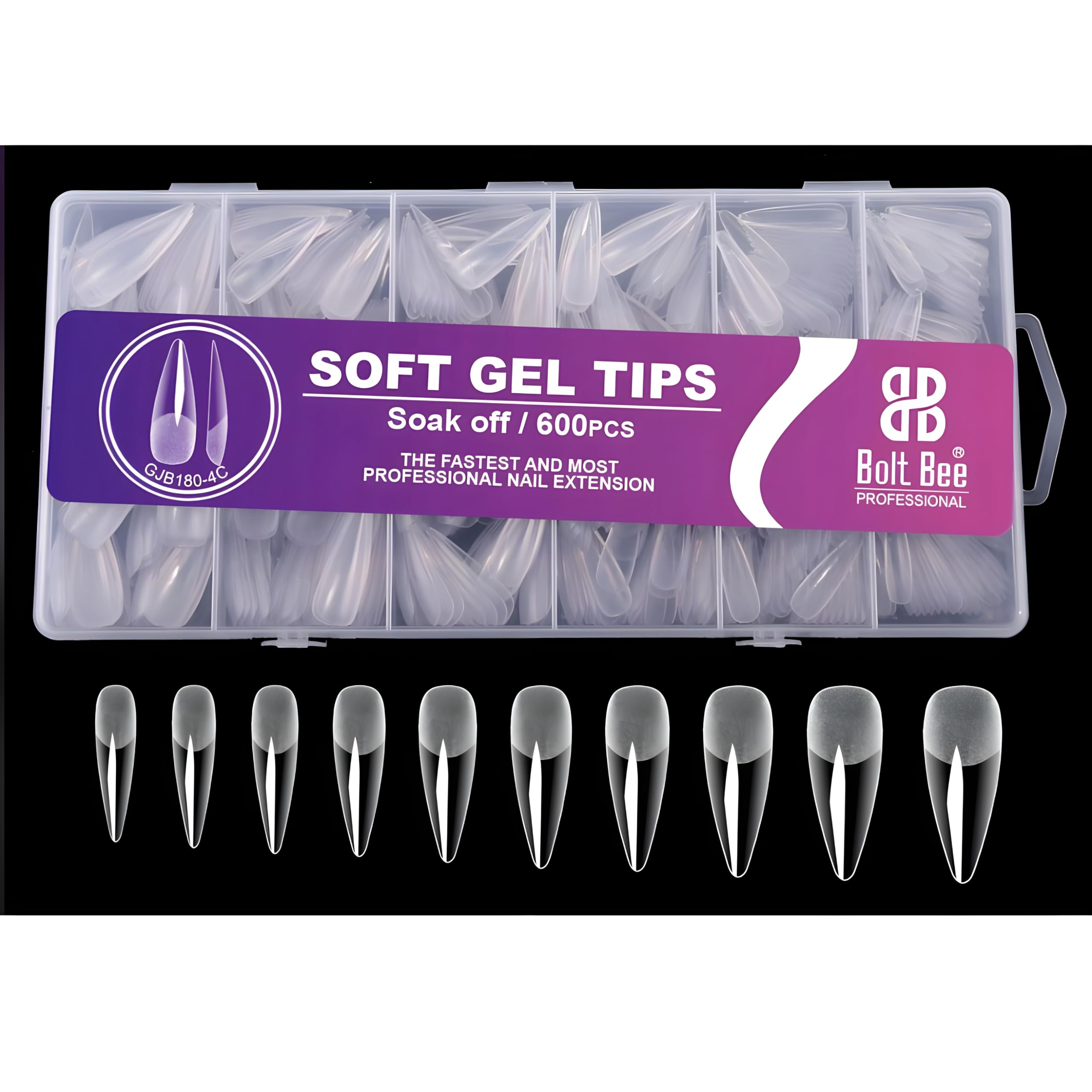 Bolt Bee Professional Soft Gel Tips 600 Pcs – Clear Soak Off Nail Extension Tips, No Trace, Flexible Full Cover Tips for DIY & Salon Use (4C)-image-24