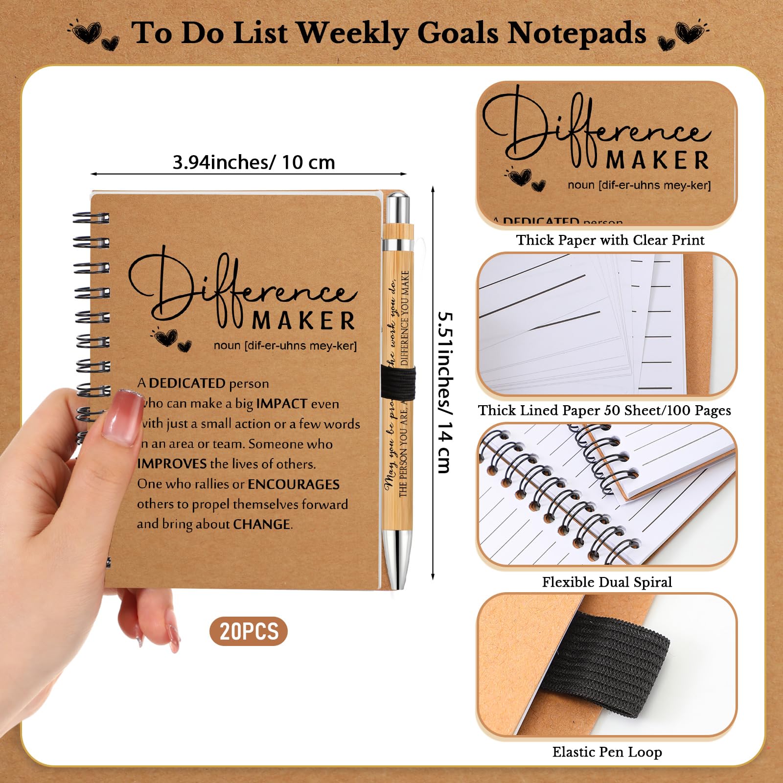 Tellingyou Set di 20 quaderni di ringraziamento per creatori di differenza per i dipendenti, idea regalo, formato A6, per lista delle cose da fare, penne a sfera per insegnanti, infermiere, volontari,