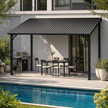 12x10 FT Lean to Gazebo, Sloping Galvanized Steel Roof Hardtop Gazebo, Outdoor Pergola Canopy with Heavy Duty Aluminum Frame for Patio, Backyard, Deck, Pool