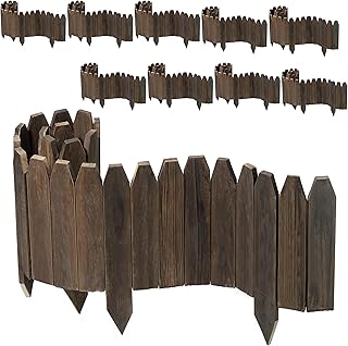 Wood Fence Border for Garden Beds – 9.8" H x 47" L Wooden Landscape Edging Panels, Rustic Decorative Outdoor Divider for Lawn, Path, and Yard Design (10-Pack)