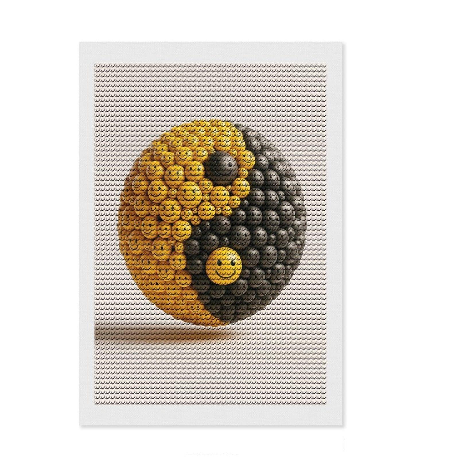 Junmoney Yin Yang Smiley Face Sphere Diamond Art Canvas 8"x12", Neat Printed Canvas, Mindful Craft Activity, Cosy Home Accent, Festive Craft Gift