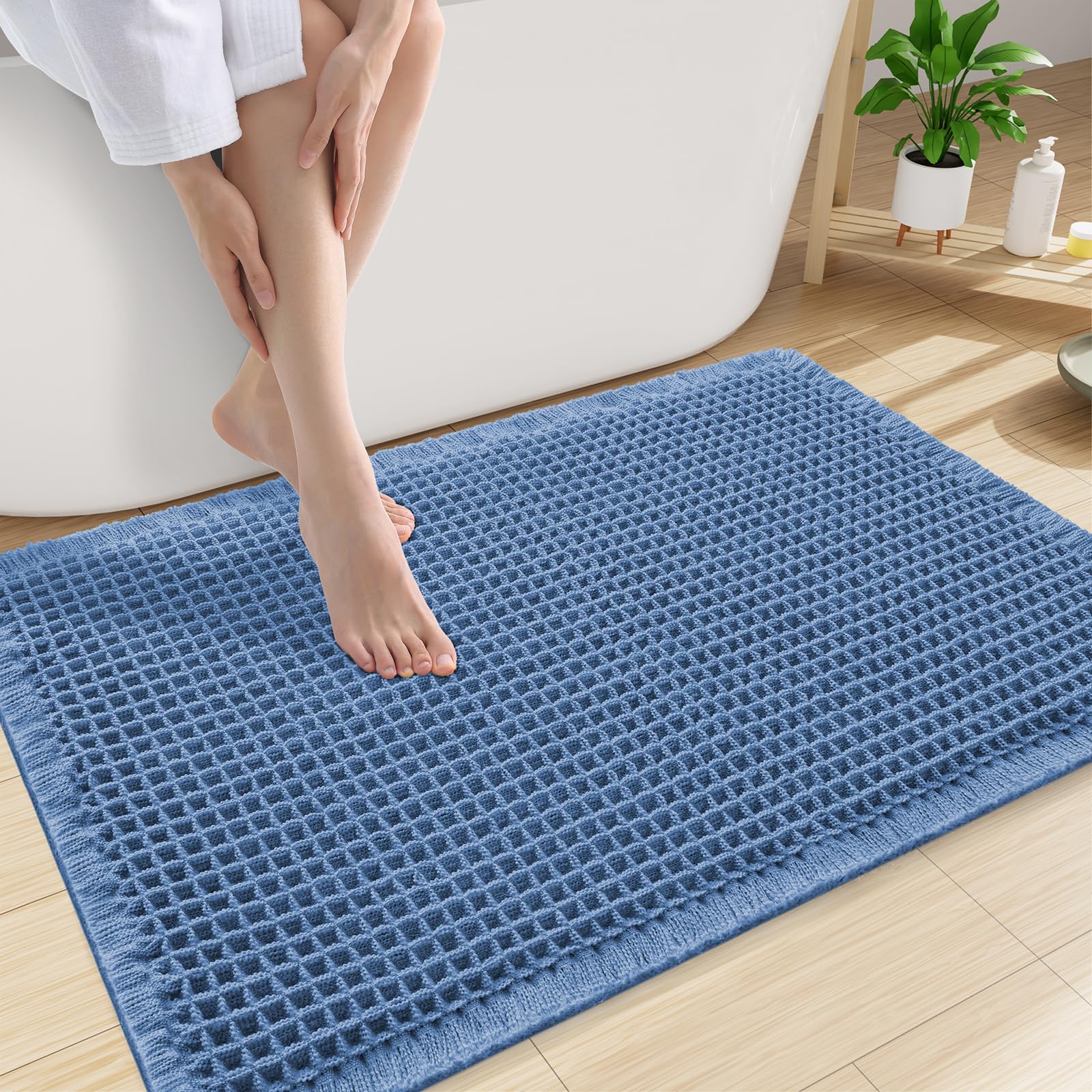 Smiry Waffle Bath Mat 30X20, Extra Soft Absorbent Bathroom Rugs, Blue