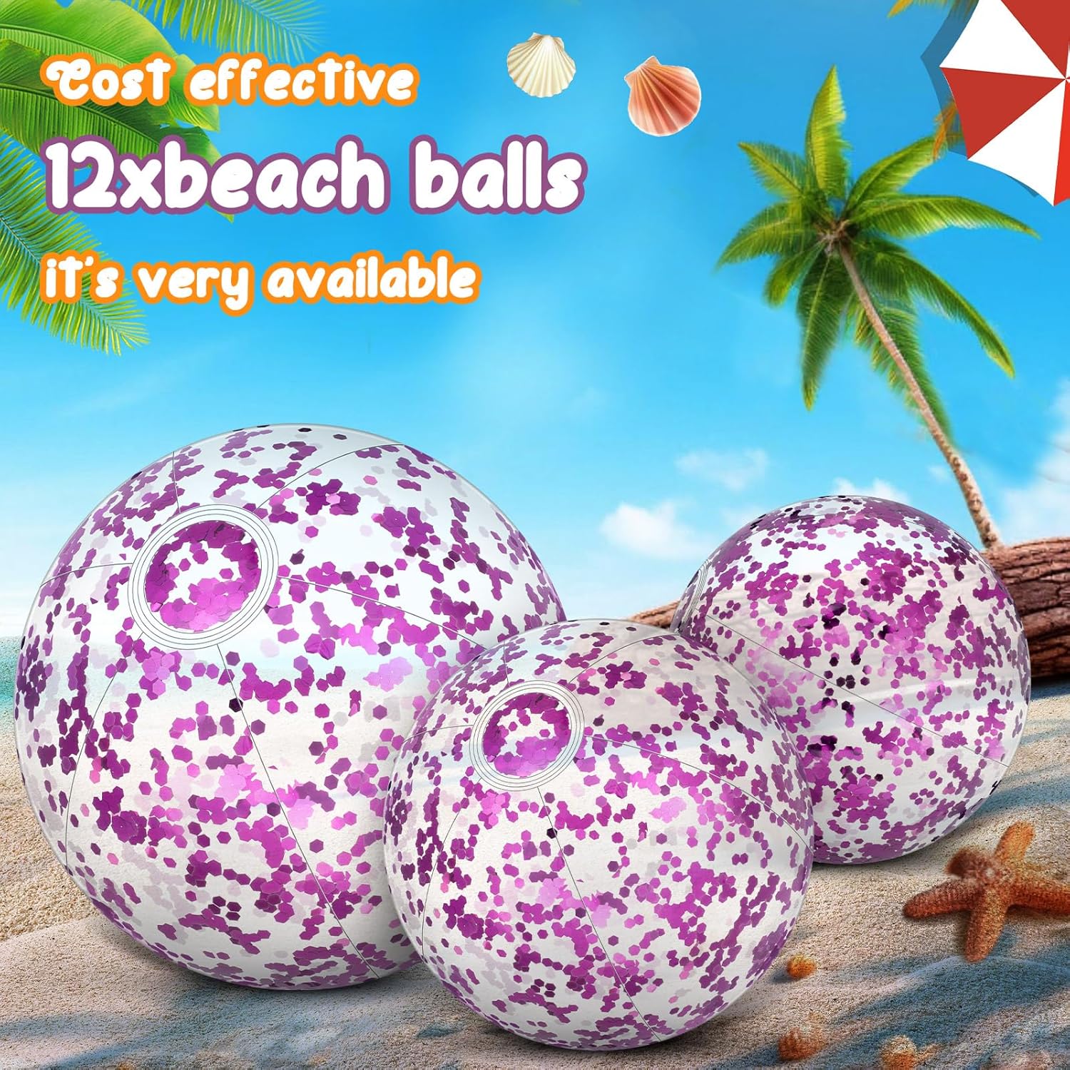 Lewtemi 12 Pcs Inflatable Glitter Beach Balls 16 Inch 24 Inch Shiny Giant Confetti Balls Swimming Pool Beach Blow up Balloon for Outdoor Summer Party Wedding Decor(Purple)