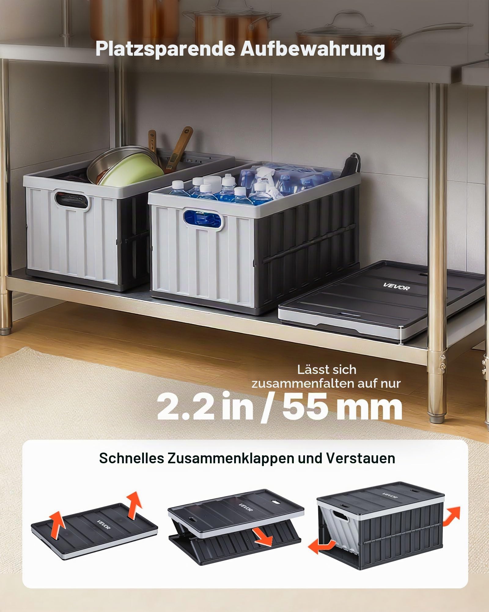 VEVOR Klappboxen 65 L 3er-Pack, Faltbare Aufbewahrungsboxen aus Kunststoff, Stapelbare Klappkörbe mit Deckel, Tragkraft 38 kg pro Box, Klappkisten, Ideal für Haushaltsorganisation, Grau & Schwarz