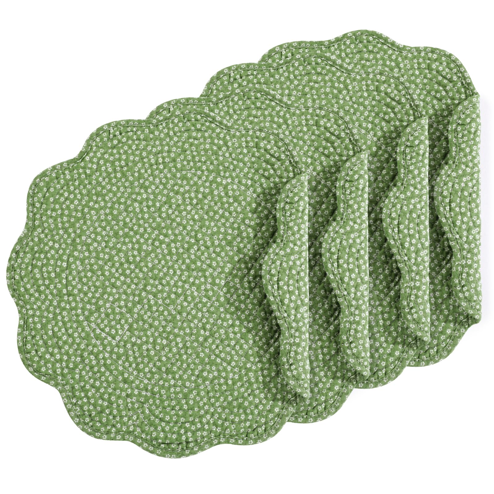 Quilted Placemats Set of 4 Washable Round Placemats for Kitchen Table-100% Cotton Fabric Round Table Mats, (Green with White Flower)