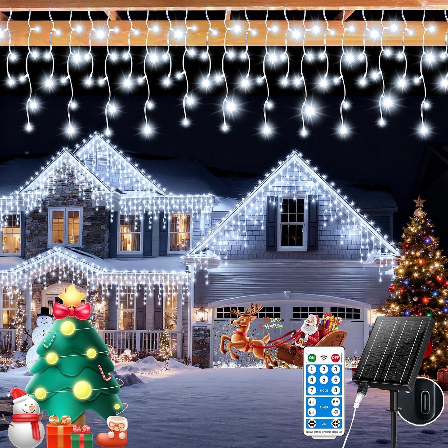 GCMacau Solar Christmas Icicle Lights Outdoor 20+5M/82ft 660 LED Fairy String Lights with 8 Lighting Modes and Dimmable Feature for Yard, Patio, Gazebo and Wedding Decor White
