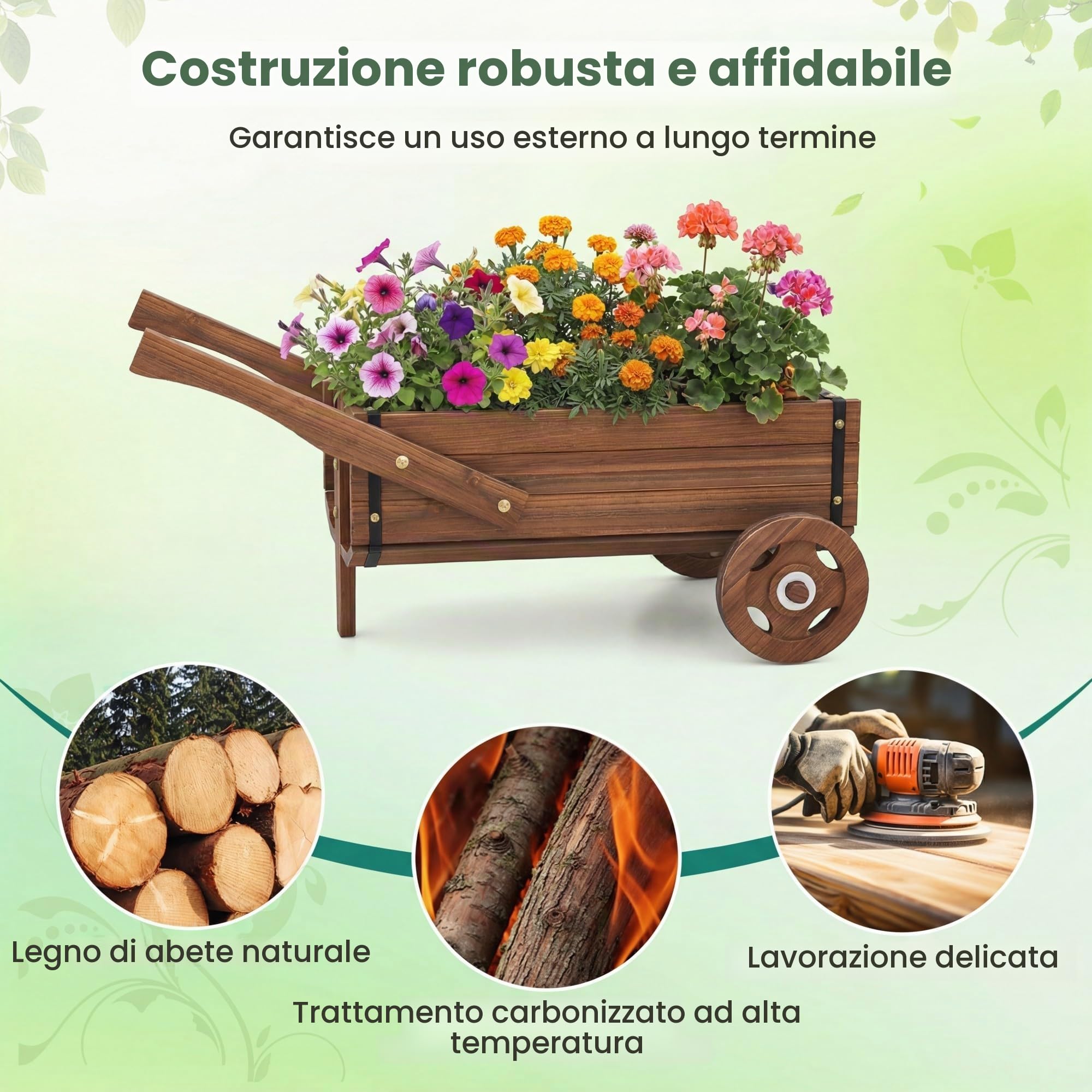 HOMASIS Carriola da Giardino in Legno, Carrello per Piante con Manico e Ruote, Fioriera Rialzata da Esterno con Fori di Drenaggio, Decorazione per Giardino, Balcone, Terrazza (81 x 40 x 38,5 cm)