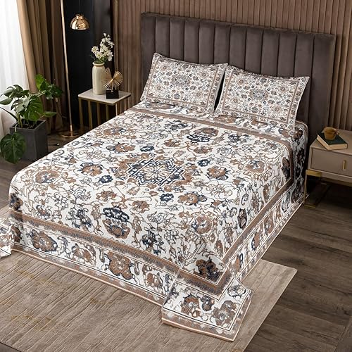 Erosebridal Juego de edredón vintage tamaño Queen, juego de colcha persa, medallón oriental marrón, juego de colcha bohemia turca, edredón bohemio