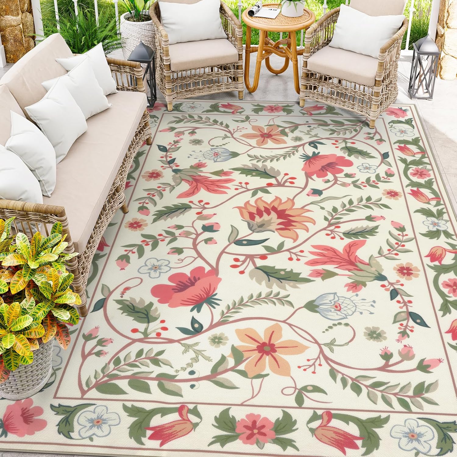 Uphome Indoor Outdoor Area Rug 8x10 ft, Large Floral Patio Rugs for RV Camping Outside, Washable Living Room Mat Non Slip, Breathable Floor Carpet for Bedroom Deck Porch Backyard, Beige