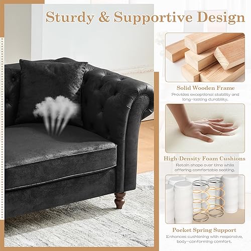 Miniatura 7 de Juego de 2 sofás de piel sintética modernos de mediados de siglo, sofá y sofá biplaza copetudos, muebles para la sala, cómodos muebles tapizados