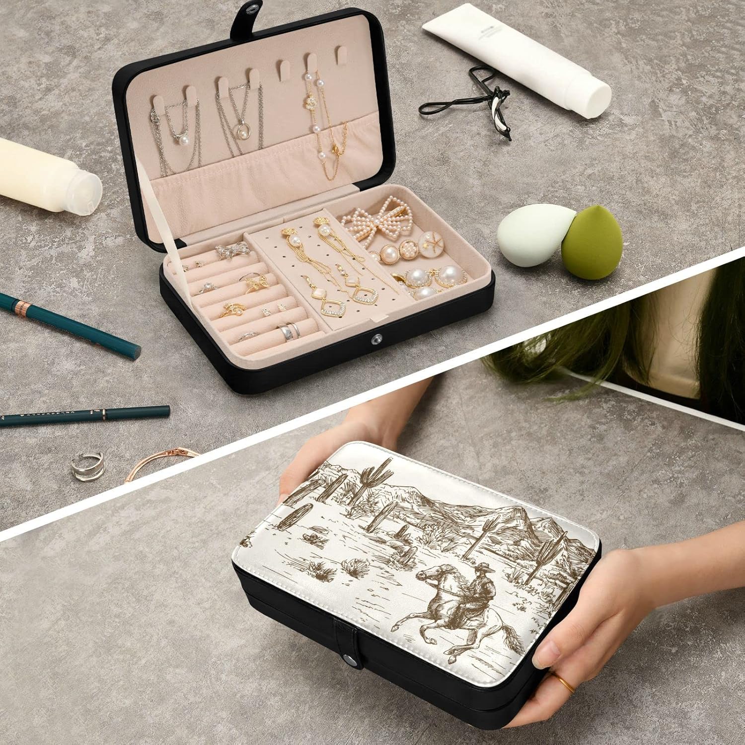 Jewelry Box Portable Travel Jewelry Organizer Storage Western Desert Cowboy Jewelry Travel Case for Necklace, Earrings, Rings, Bracelet