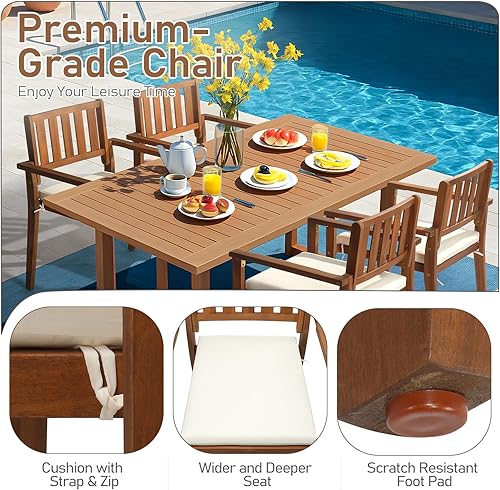 Miniatura 5 de Outvita Juego de 4 sillas de comedor apilables para patio, sillas de madera de acacia duraderas para exteriores con cojines extraíbles y cómodos