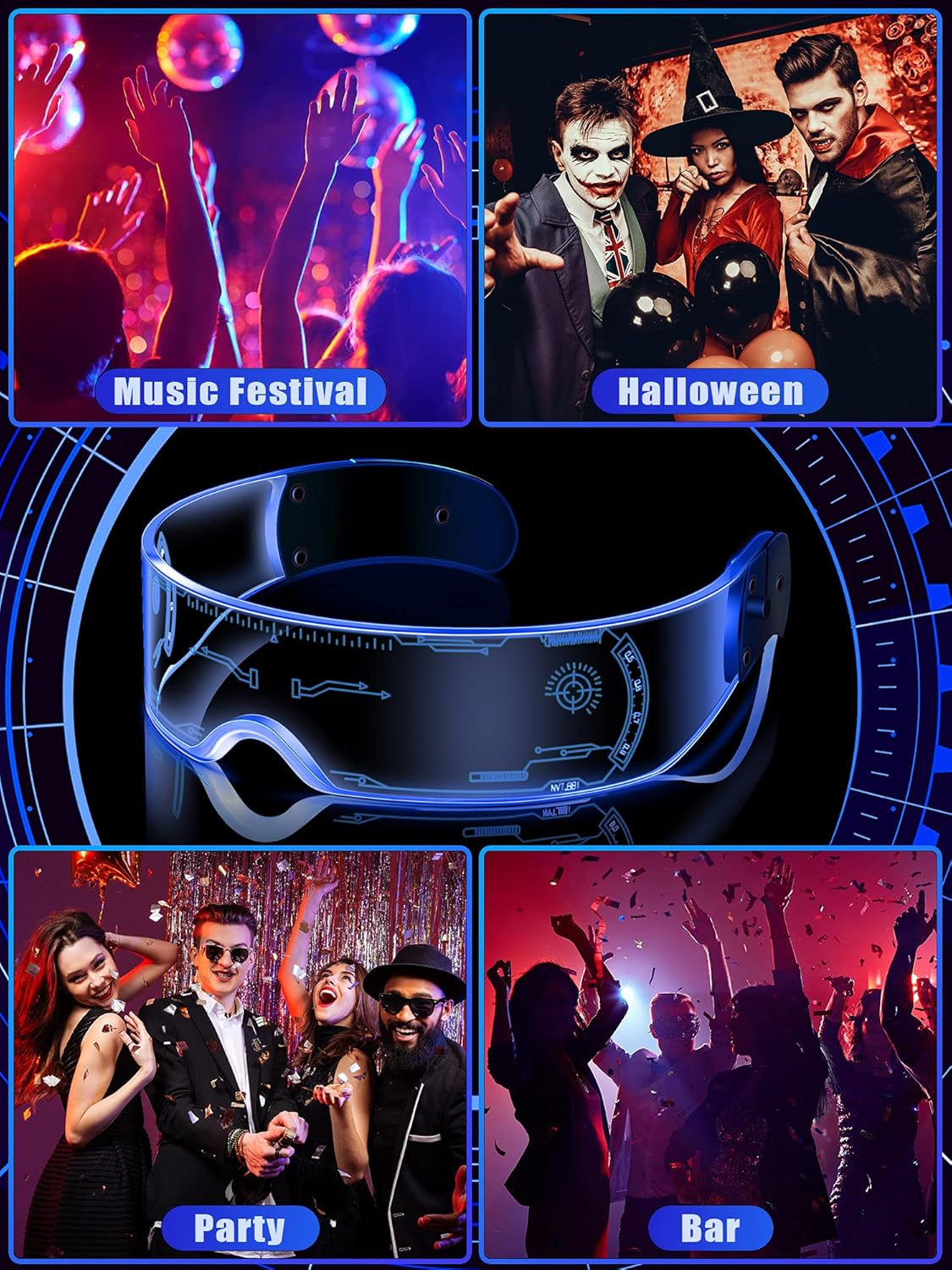 TOODOO 2 Pairs LED Visor Glasses 7 Colors Futuristic Glasses Light up Punk Accessories for Rave Party Costume - Image 5