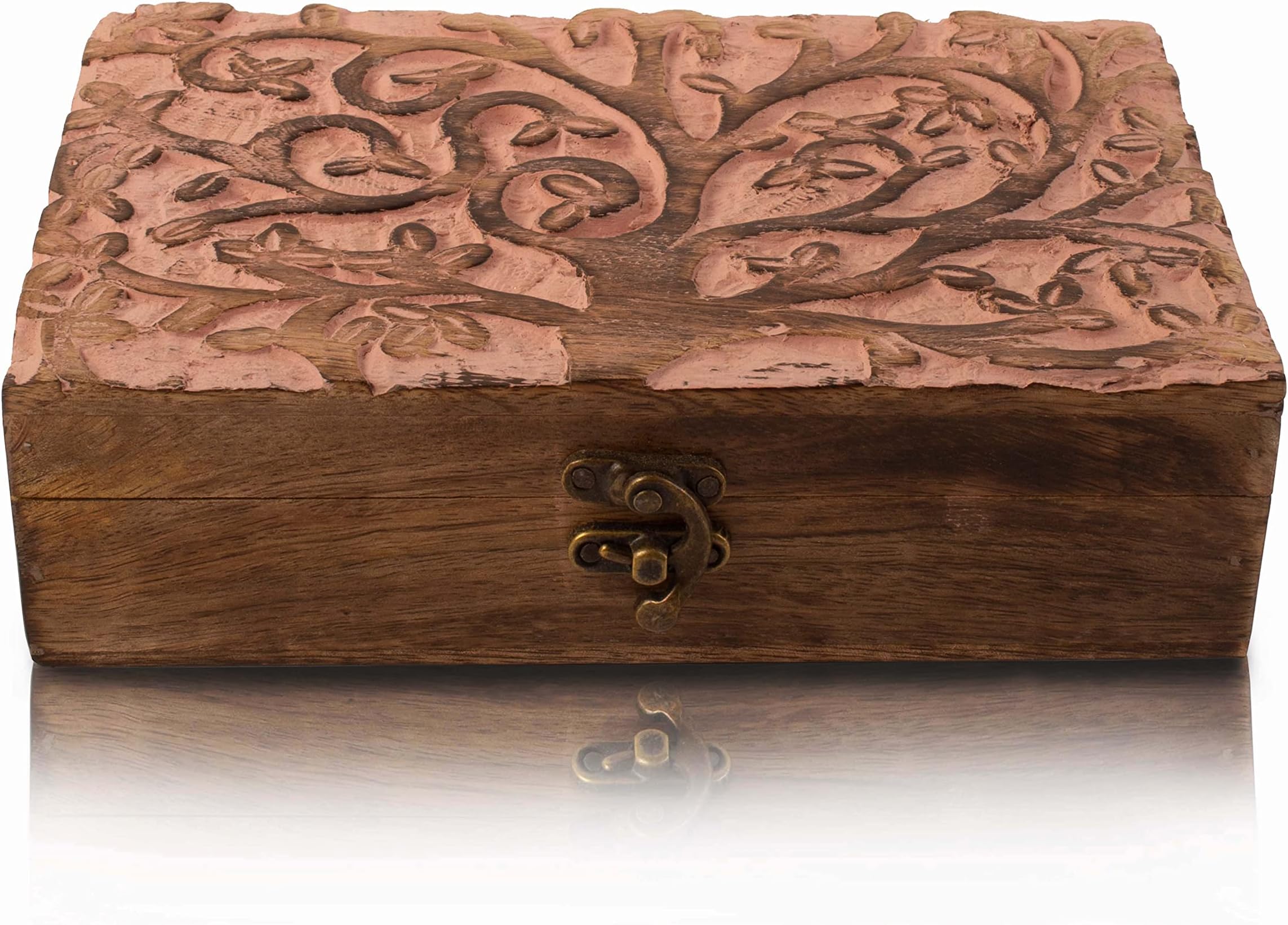 The Great Indian Bazaar Handmade Decorative Wooden Jewellery Box With Tree Of Life Carving - Pink - Jewellery Organizer & Storage Box - Housewarming Gift