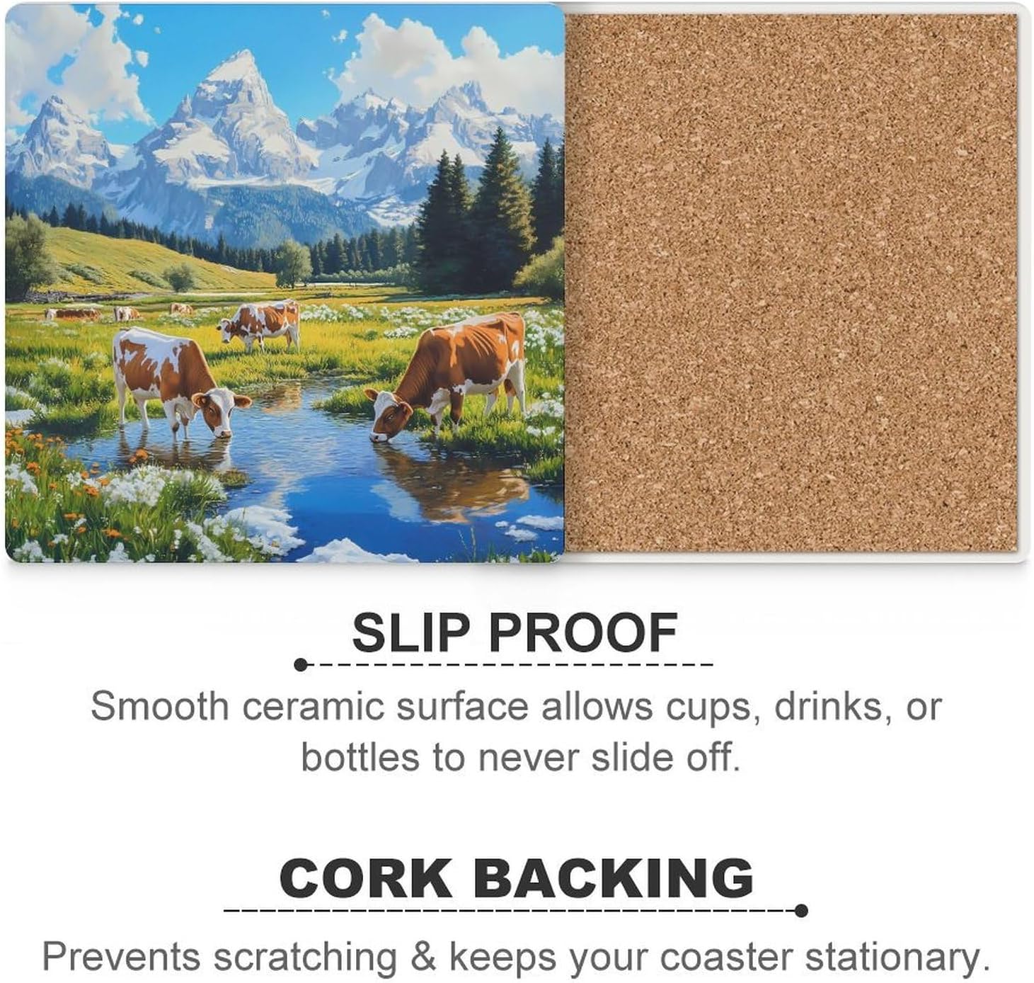 Grand Teton Mountains Cow Ceramic Coasters Square Drinks Coaster Coffee Table Decor Table Coaster for Home Bar