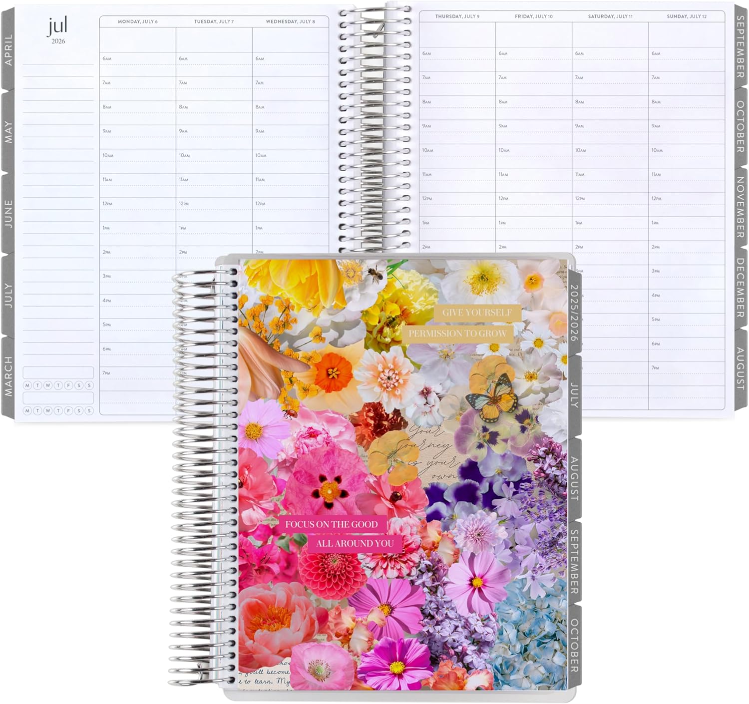 7x9 Coiled Life Planner (January 2026 - December 2026) - Floral Collage classic cover, hourly layout, Minimal theme, platinum coil