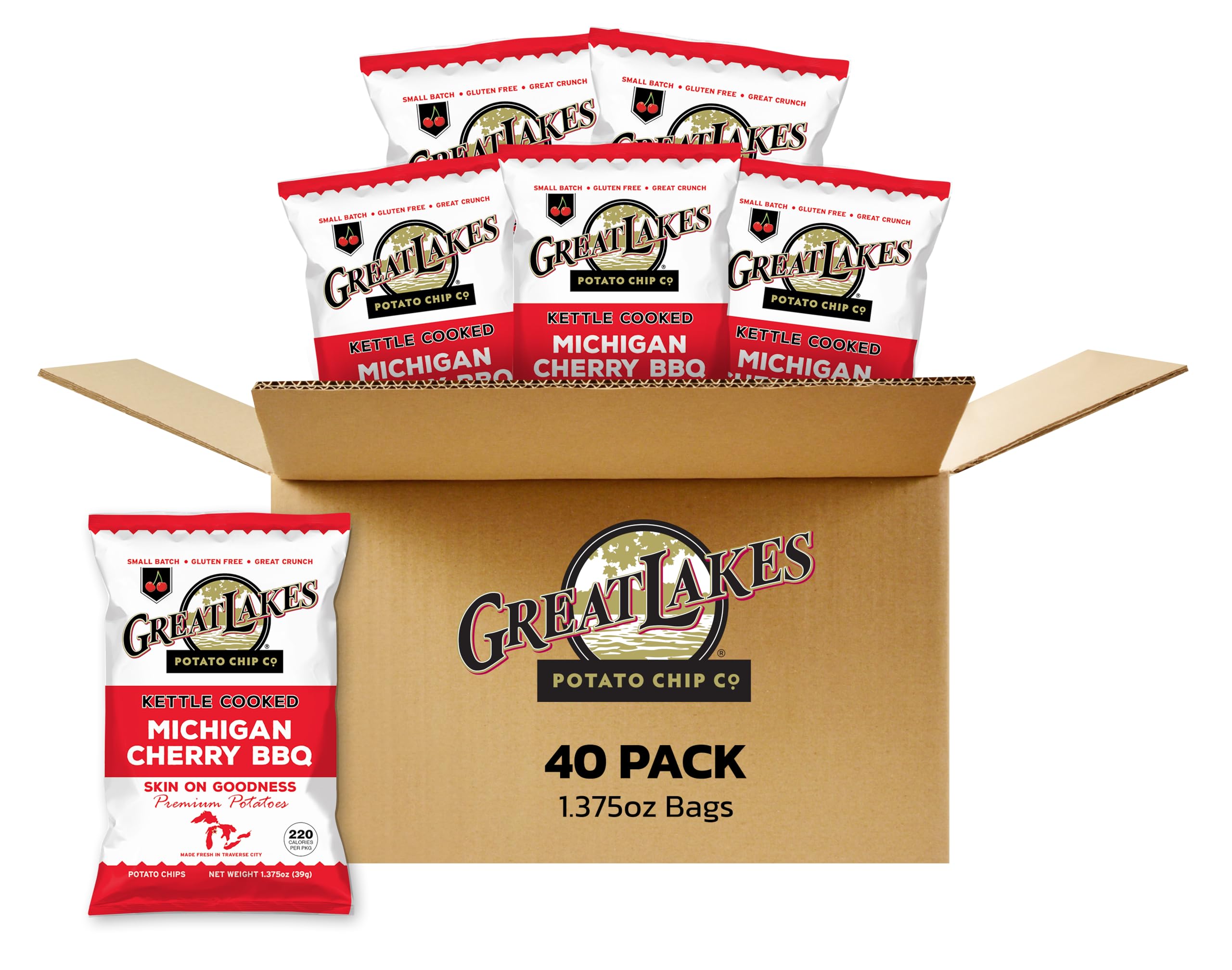Great Lakes Potato Chip Co. Michigan Cherry BBQ Kettle Cooked Potato Chips, Individual Snack Size Case (Pack of 40, 1.375 Oz. Bags)
