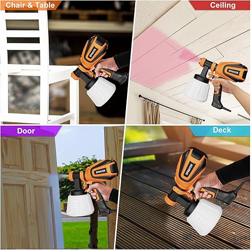 Miniatura 8 de Pulverizador de pintura, pistola de pulverización HVLP de 700 W con juntas de limpieza y soplado, 4 boquillas y 3 patrones, fácil de limpiar, para