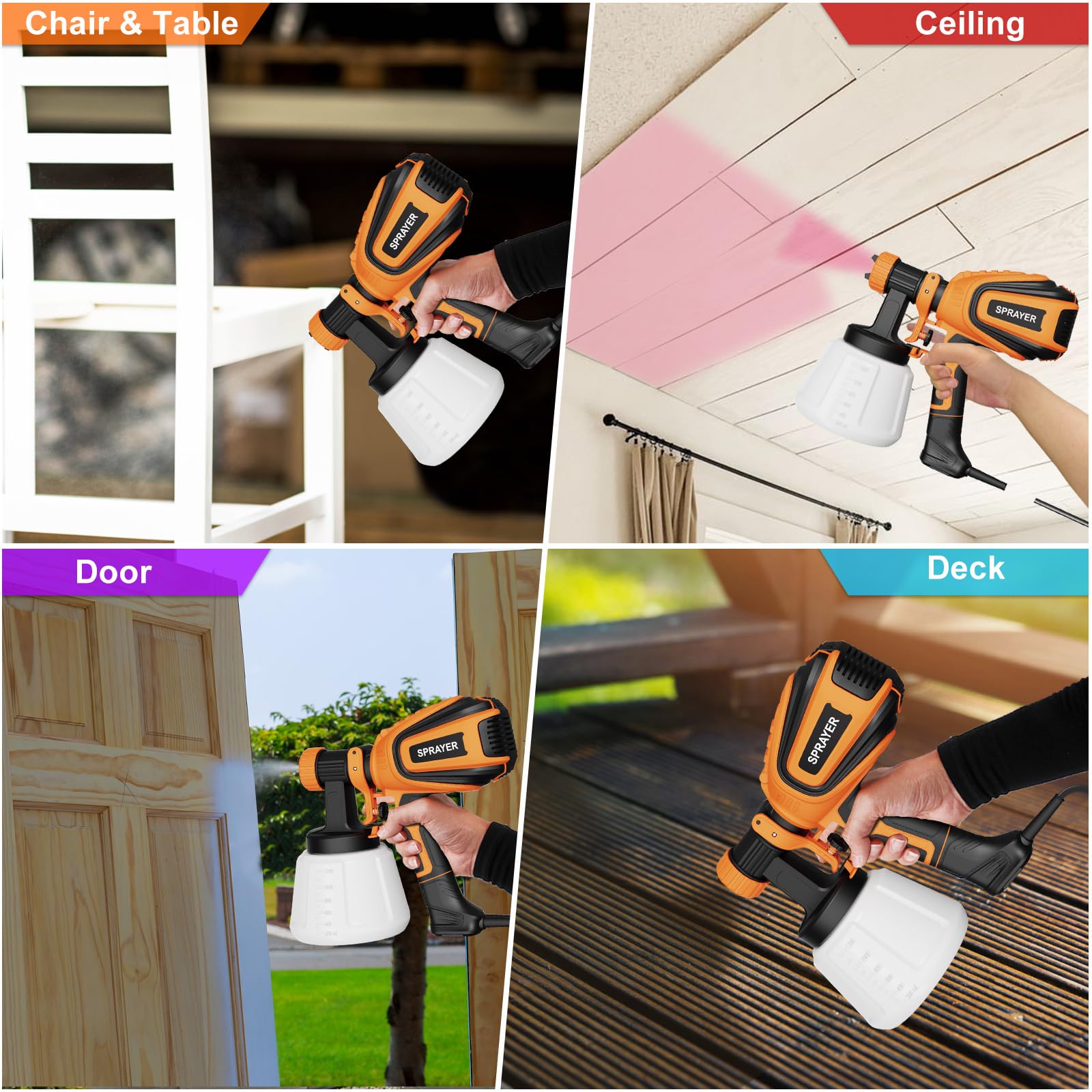 VONFORN Paint Sprayer, 700W HVLP Spray Gun with Cleaning & Blowing Joints, 4 Nozzles and 3 Patterns, Easy to Clean, for Furniture, Cabinets, Fence, Walls, Door, Garden Chairs etc. VF803 Orange