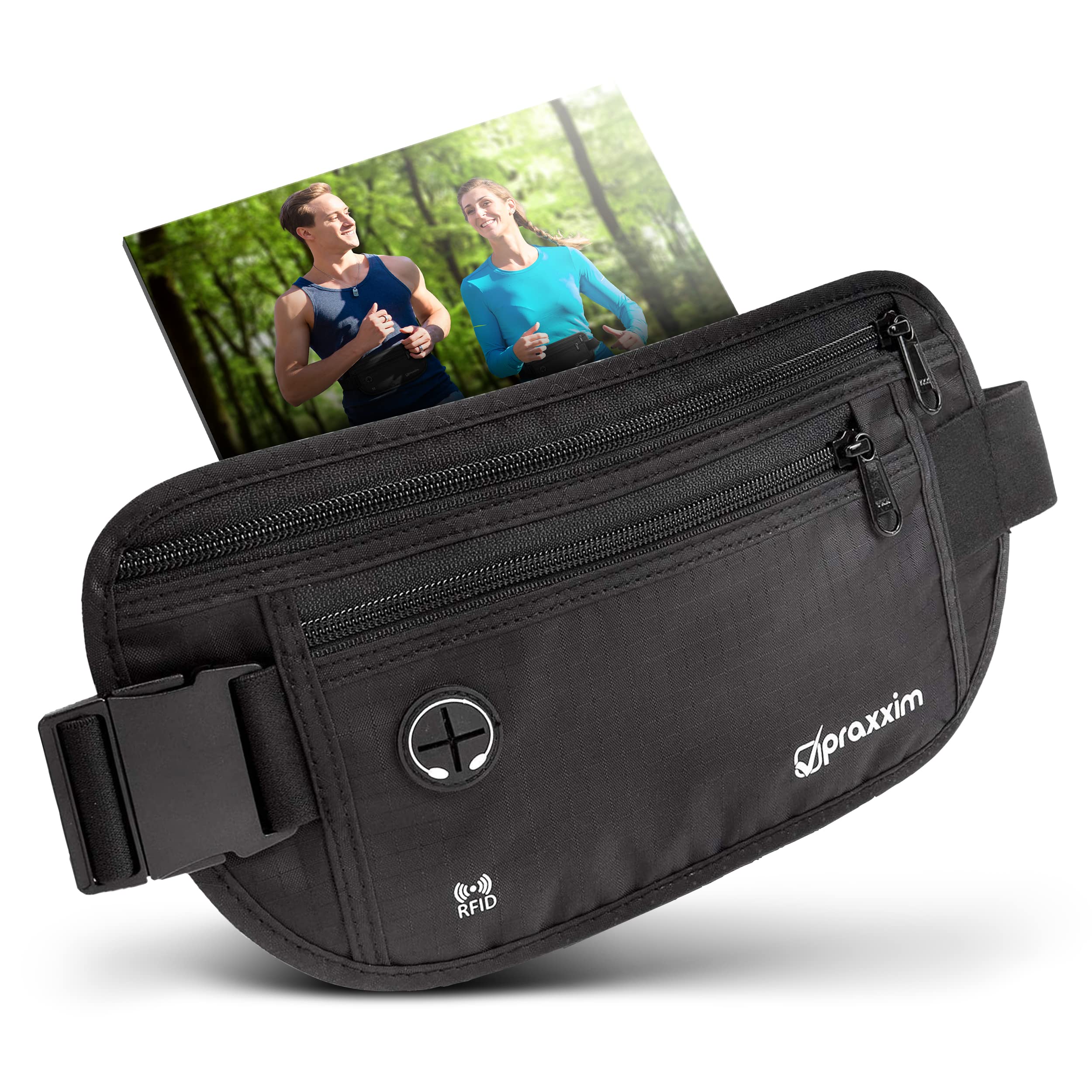 praxxim Die Bauchtasche zum Joggen - Perfekt sitzende Lauftasche - Bauchtasche Damen & Herren - Gürteltasche - Laufgürtel für Jogging und alle Handy Größen (schwarz)