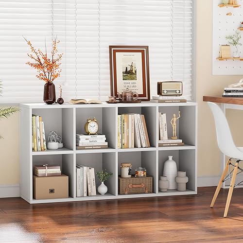 YESHOMY 8 Cube Storage Organizer, Open Frame 2-Tier Bookshelf, Organizer with Adjustable Shelves, Display Storage Bookcase for Living Room, Bedroom, Entrance Hall, Home Office, Modern White