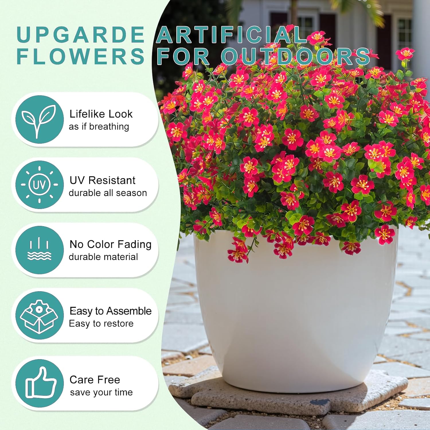 UV Resistant Artificial Flowers, Realistic Fake Bouquets for Outdoor Hanging Baskets, Weatherproof Faux Plants for Balcony Porch Garden No Fade No Maintenance (Pink-9pack)