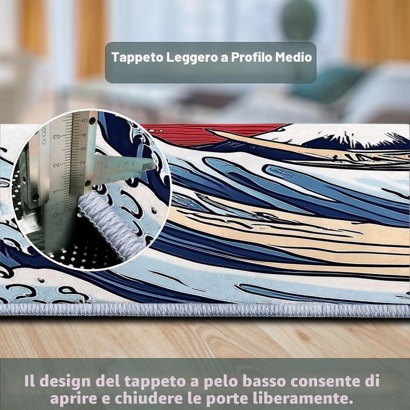 Stile Giapponese Cartone Animato Tappeto Lavabile Antiscivolo Morbido a Pelo Corto in Blu Rosso con Onde Stampate - Decorazione 80 x 150 cm per Soggiorno, Camera da Letto e Sala da Pranzo