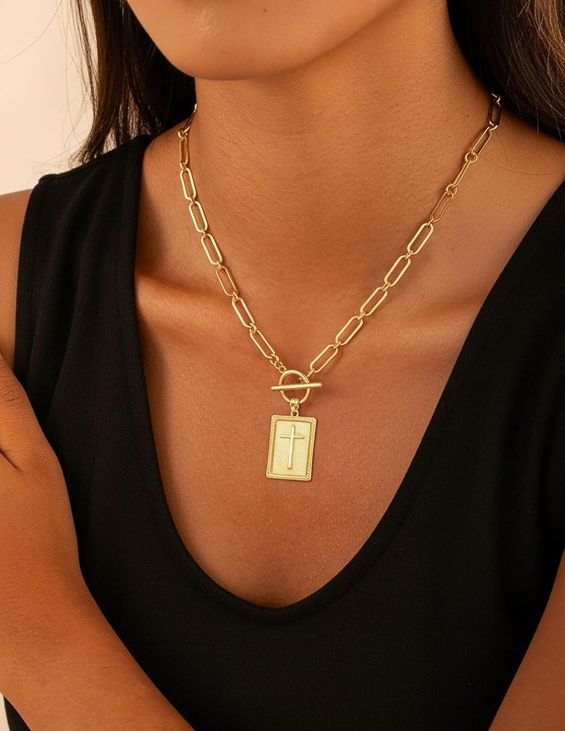 Cross Necklaces for Women, Paperclip Cross Pendant Necklace Toggle Clasp Cross Charm Necklace Dainty Gold Necklaces for Women Trendy Baptism First Communion Religious Jewelry Gift for Faith - Image 2