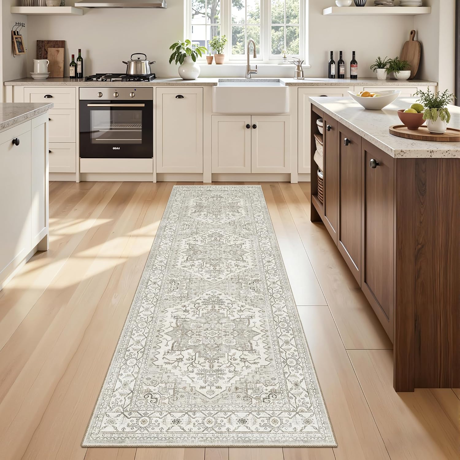Washable 2x8 Runner Rug Vintage Area Rugs for Hallway Water Resistant Kitchen Entryway Rug Ultra Soft Living Room Bedroom Carpet Indoor Low Pile Floor Mat for Bathroom Dining Room(2x8,Beige)